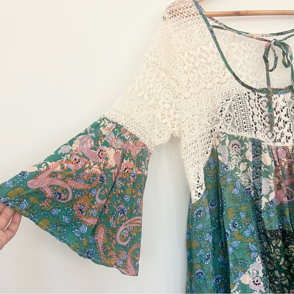 Umgee Bohemian Patchwork Blouse With Crochet Lace… - image 5
